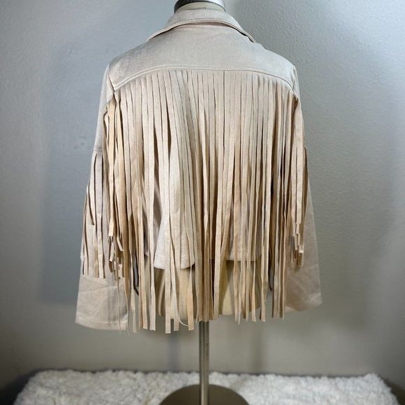 Western Tassel Notch Lapel Collar Long Sleeve Open Front Jacket Cream Size M - Picture 2 of 7